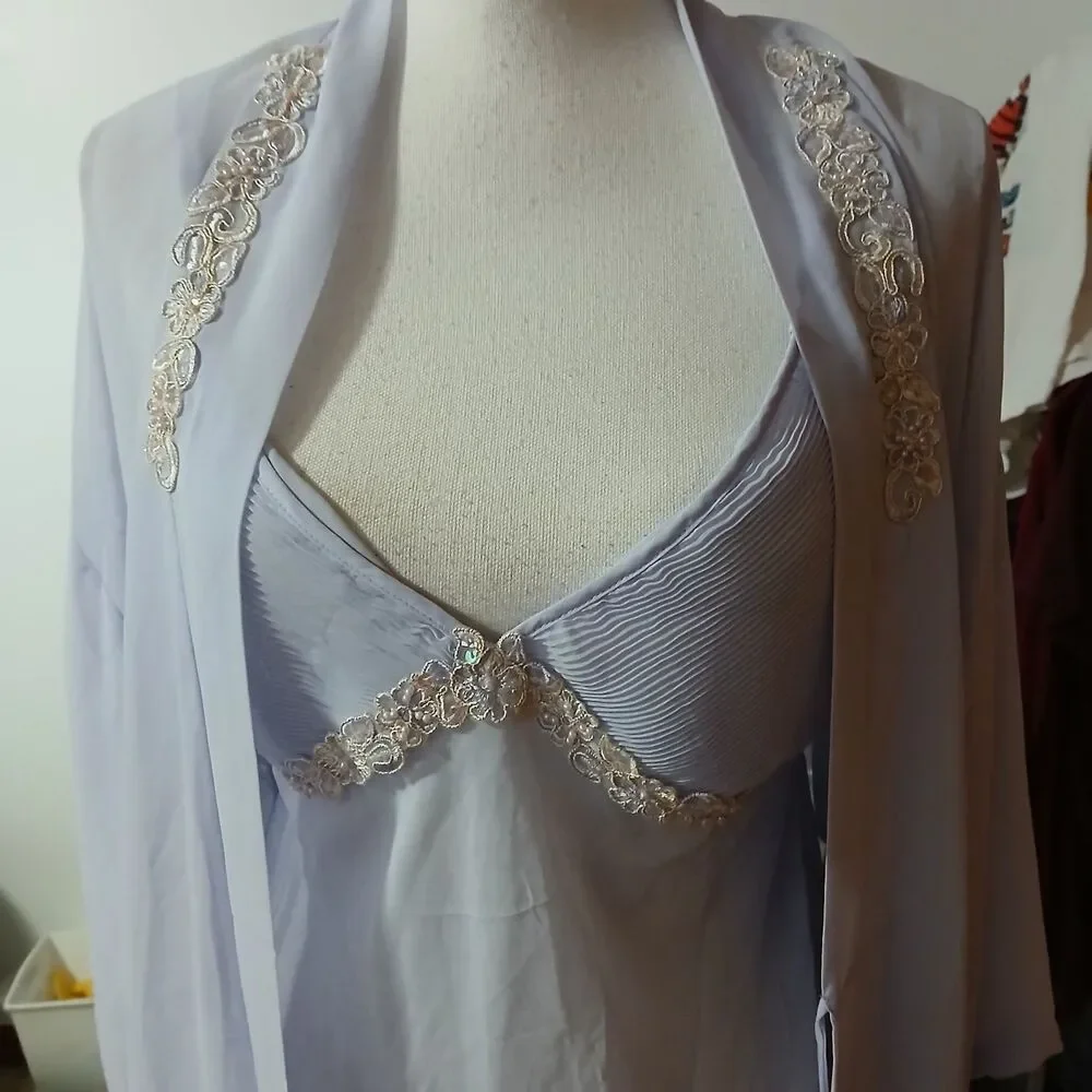 Expressions 2-Piece Lavender Cami Robe Sheer Sequin Collar Nighty Size Medium